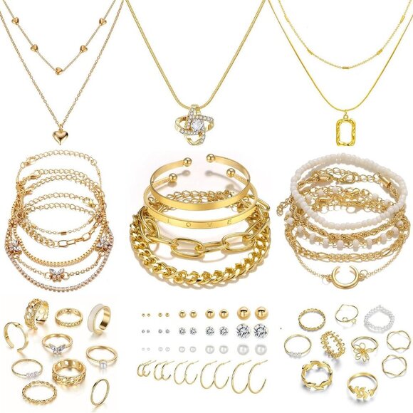 36 PC Gold Plated Jewelry Set with 4 Necklace, 11 Bracelet, 7 Ear Cuffs Earring, - Picture 1 of 8